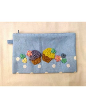 Happy Threads Pretty Cotton Storage Pouch with Cupcake Motifs (Blue)